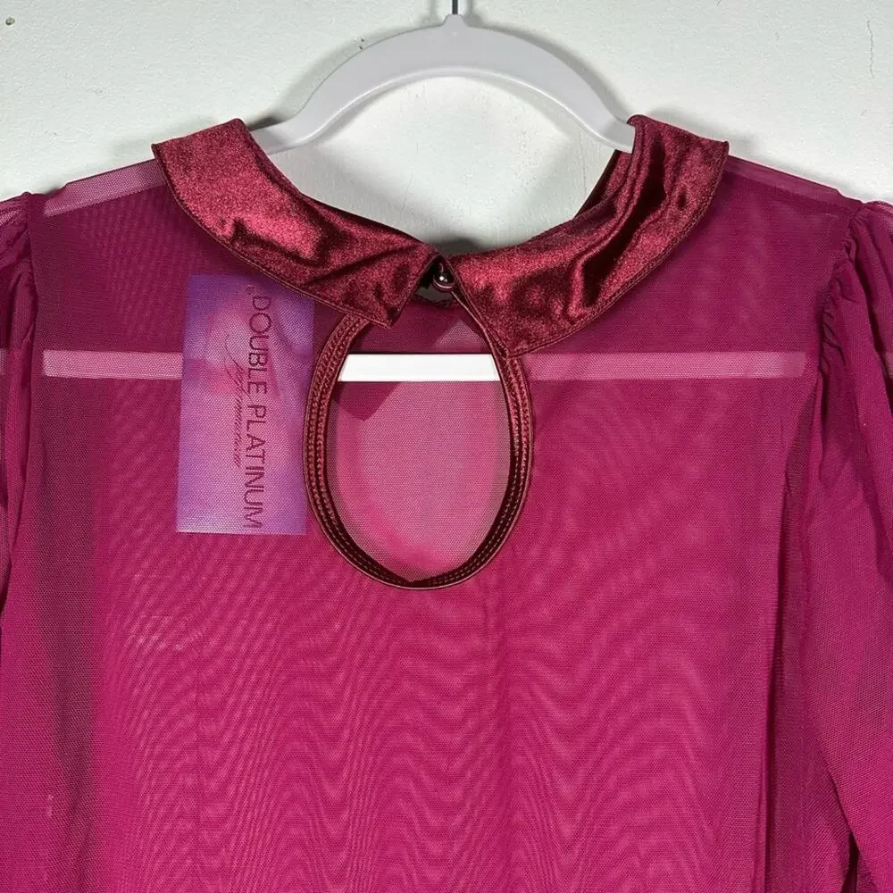 Double Platinum Burgundy wine Sheer Ruffled Tiered Long Sleeve Dress Adult M